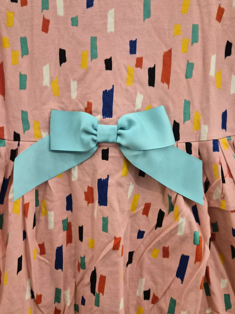 Kids Long Sleeve Pink Confetti Dress with Teal Bow size 140
